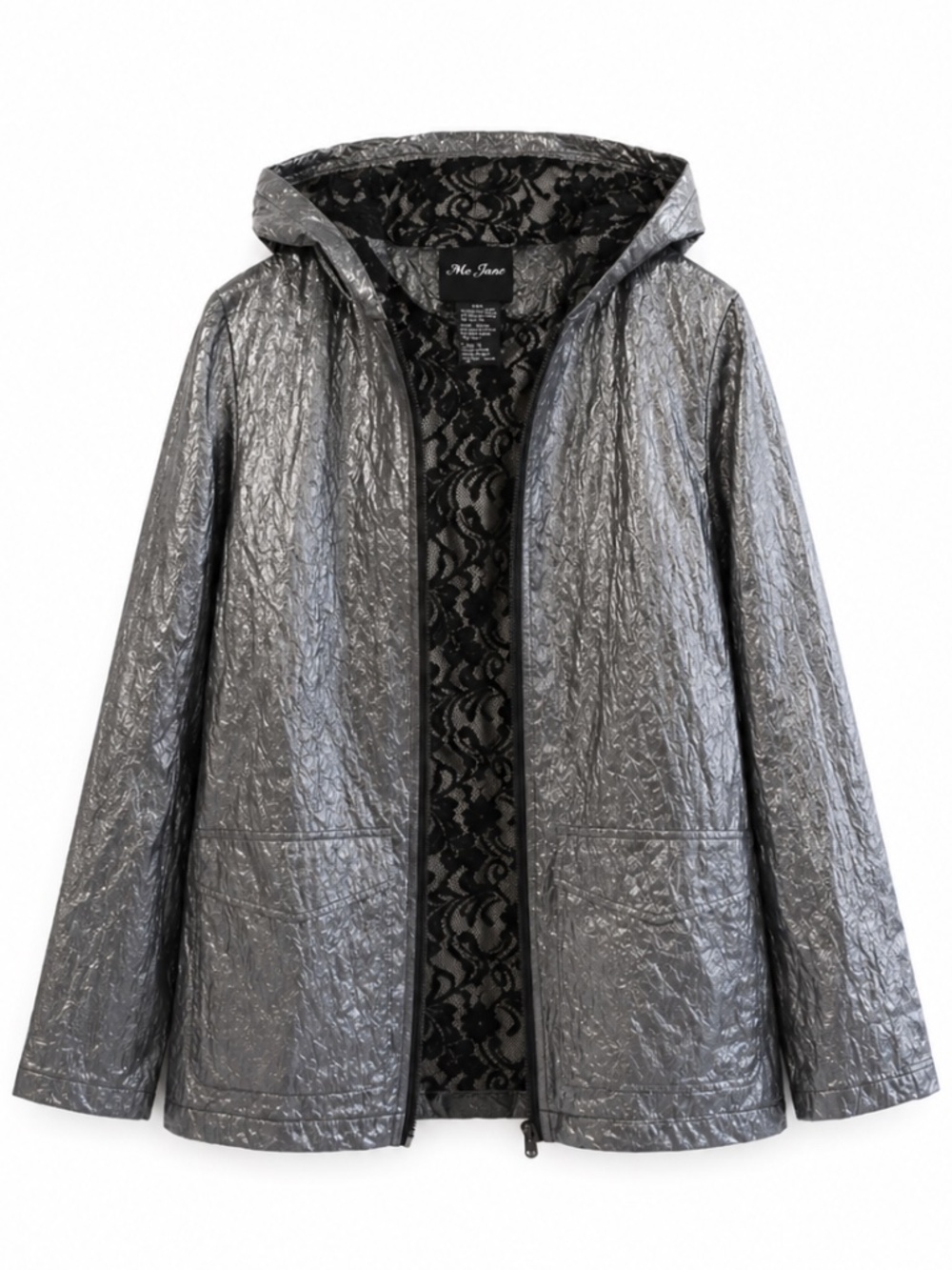 Me Jane Transparent Hooded Rain Jacket with Black Lace Lining – Size Large EUC